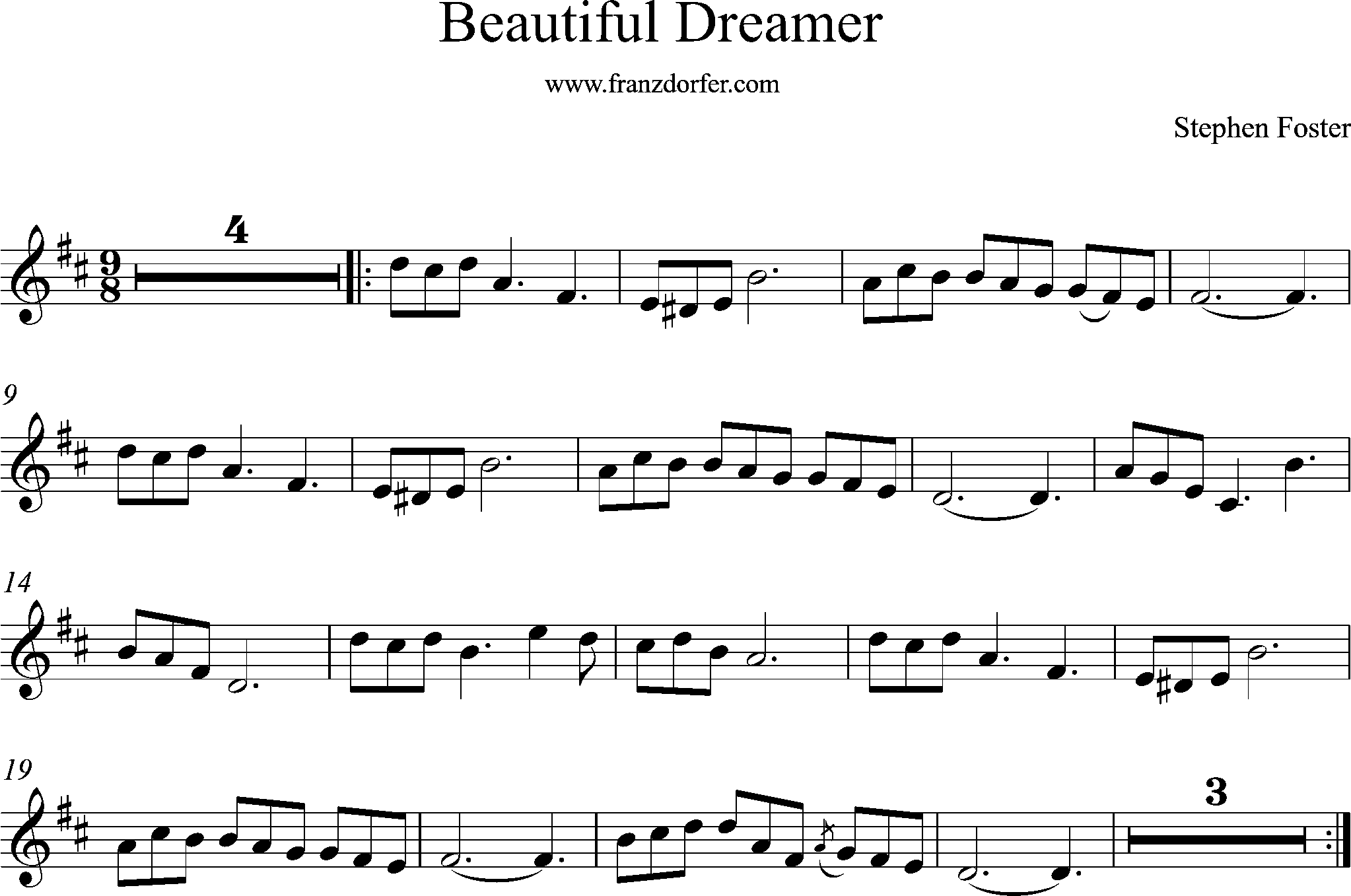 Sheet music, D-Major, Beautiful Dreamer